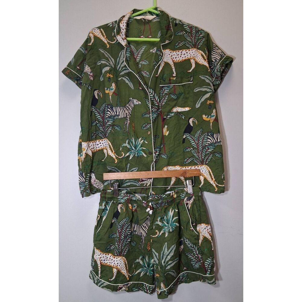 Amranis womens large pajama shorts set green zebra safari jungle birds